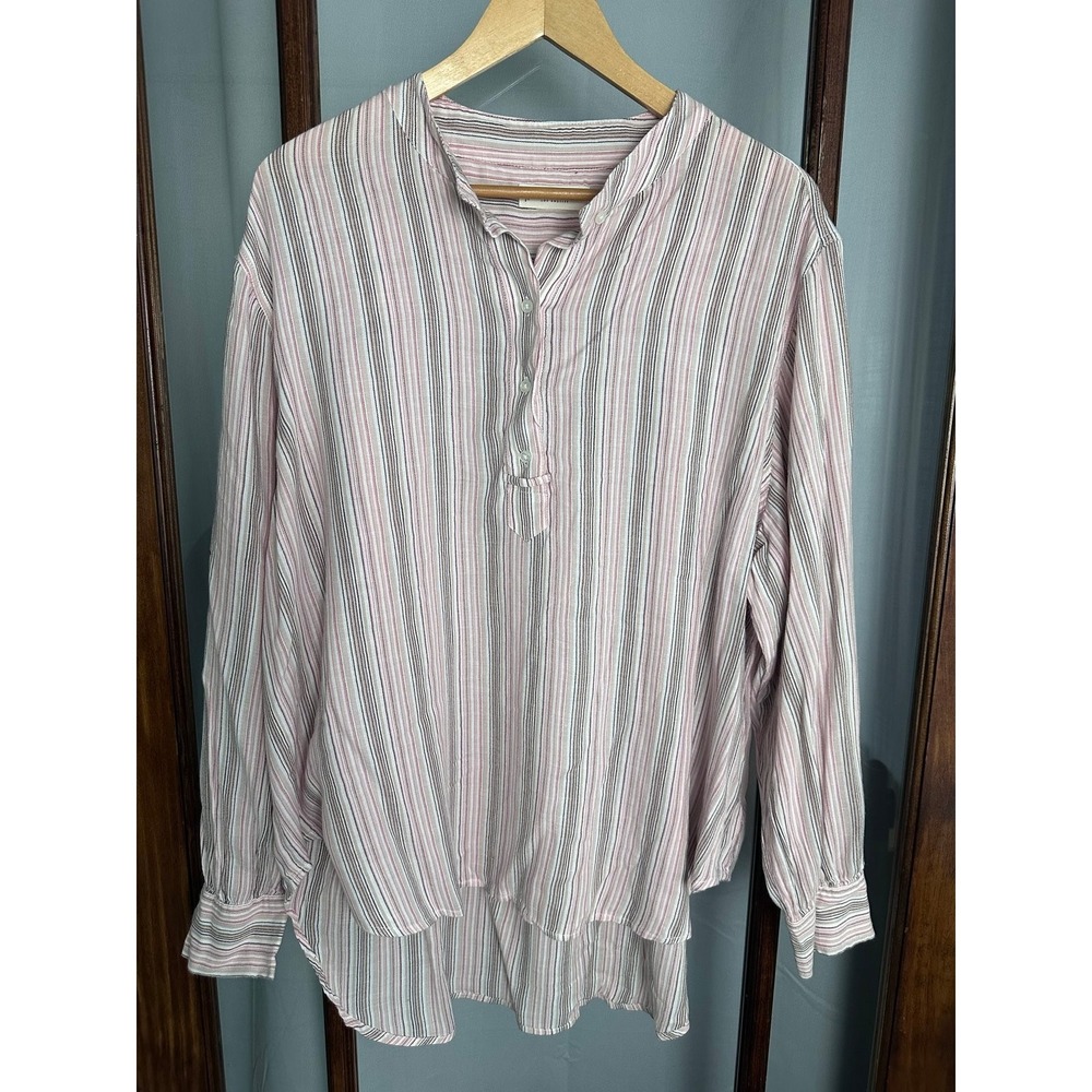 Lucky Brand Cotton Blend Blouse Women's XL Ivory Pink Black Long Sleeve Striped